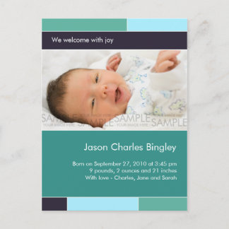 With Joy Teal/Aqua • Baby Announcement Postcard