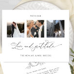 With Love and Gratitude Monogram Wedding Photo Thank You Card<br><div class="desc">Thank your guests with this elegant three photo collage wedding monogrammed thank you card! Clean and simple white and black design full of elegance and grace. Phrase "with Love and Gratitude" in modern hand written calligraphy. Back with elegant hand drawn monogram with couples initials and area for your message. Easy...</div>