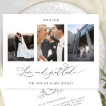 With Love and Gratitude Photo Monogram Wedding Thank You Card<br><div class="desc">Thank your guests with this elegant three photo collage wedding monogrammed thank you card! Clean and simple white and black design full of elegance and grace. Phrase "with Love and Gratitude" in modern hand written calligraphy. Back with elegant hand drawn monogram with couples initials and area for your message. Easy...</div>