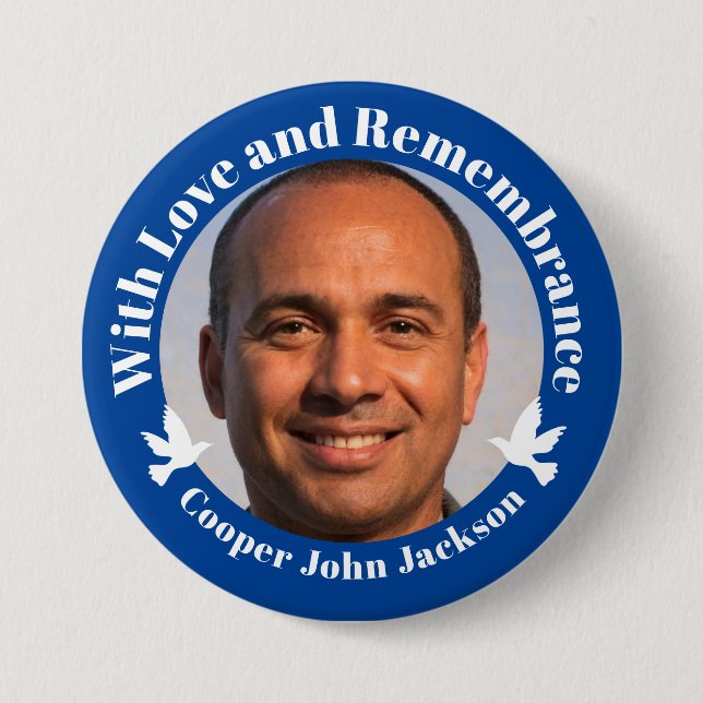With love blue two white doves photo remembrance 3 inch round button (Front)