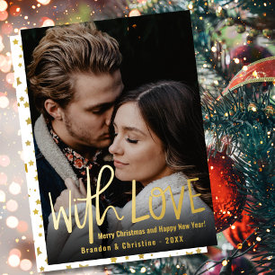 With Love Foil Gold Stars Photo Merry Christmas Holiday Card