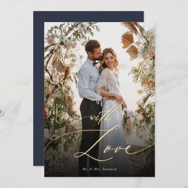 With Love Gold Script Wedding Photo  Thank You Card (Front/Back)