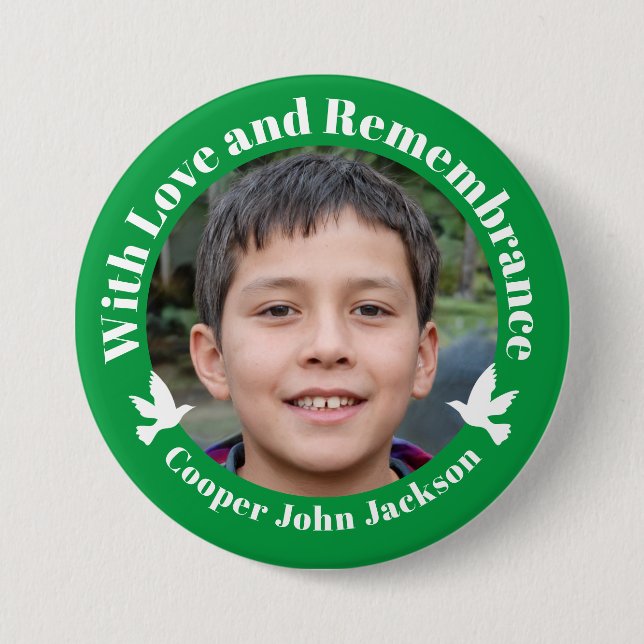 With love green two white doves photo remembrance 3 inch round button (Front)
