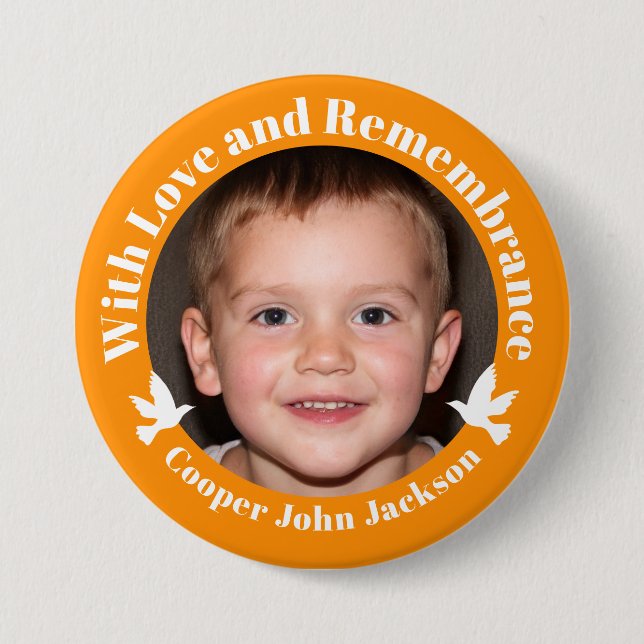 With love orange two white doves photo remembrance 3 inch round button (Front)