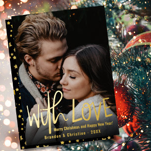 With Love Photo Black Gold Stars Merry Christmas  Foil Holiday Card