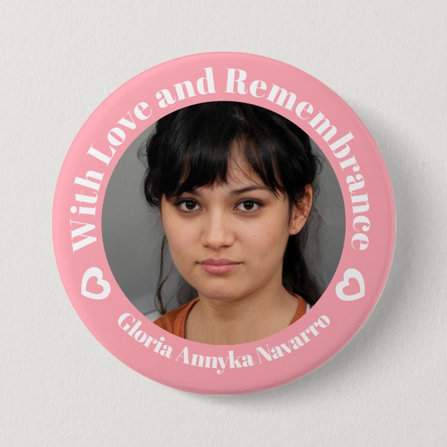 With love pink two white hearts photo remembrance 3 inch round button (Front)