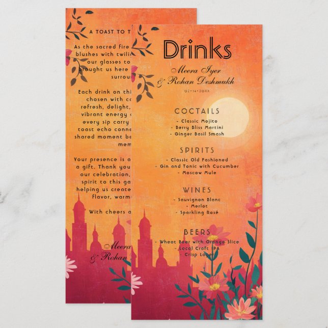 With lovely text Drinks card Sunset Serenade  (Front/Back)