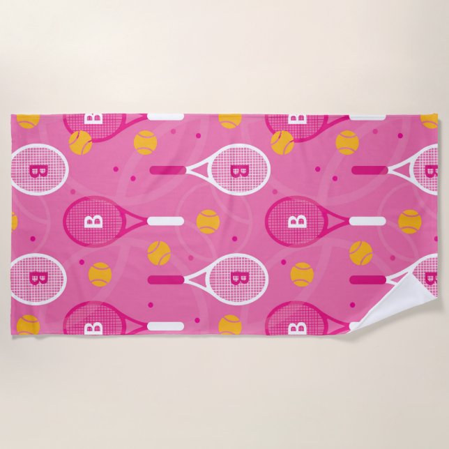 With monogram Pink & white tennis racket pattern Beach Towel (Front)
