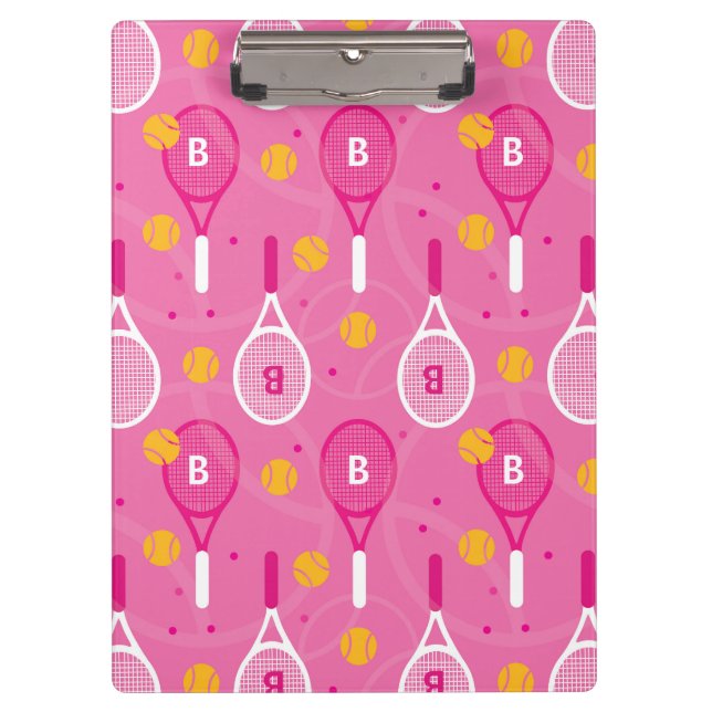 With monogram Pink & white tennis racket pattern Clipboard (Front)