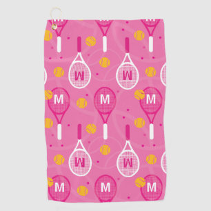 With monogram Pink & white tennis racket pattern Golf Towel