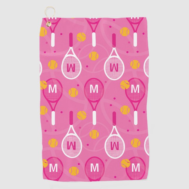 With monogram Pink & white tennis racket pattern Golf Towel (Front)