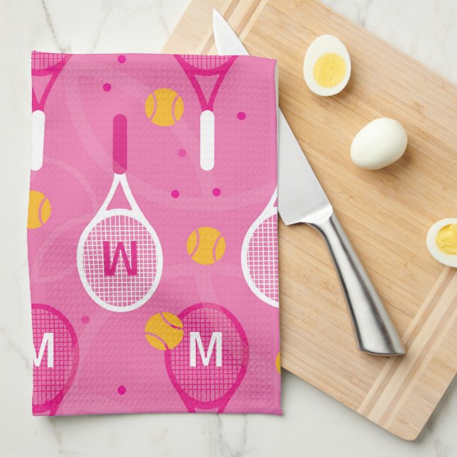 With monogram Pink & white tennis racket pattern  Kitchen Towel (Quarter Fold)
