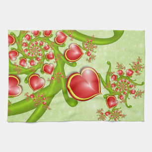 With much Love Red Yellow Hearts Fractal Art Kitchen Towel