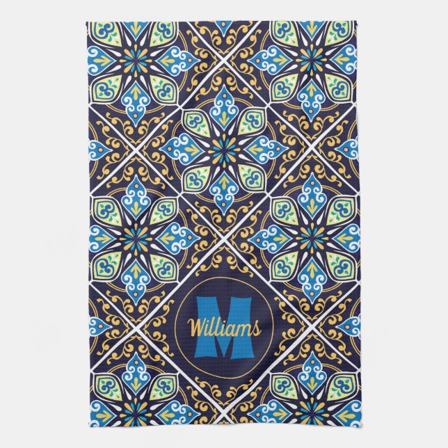 With name and initial Oriental tiles, Azulejos Kitchen Towel (Vertical)