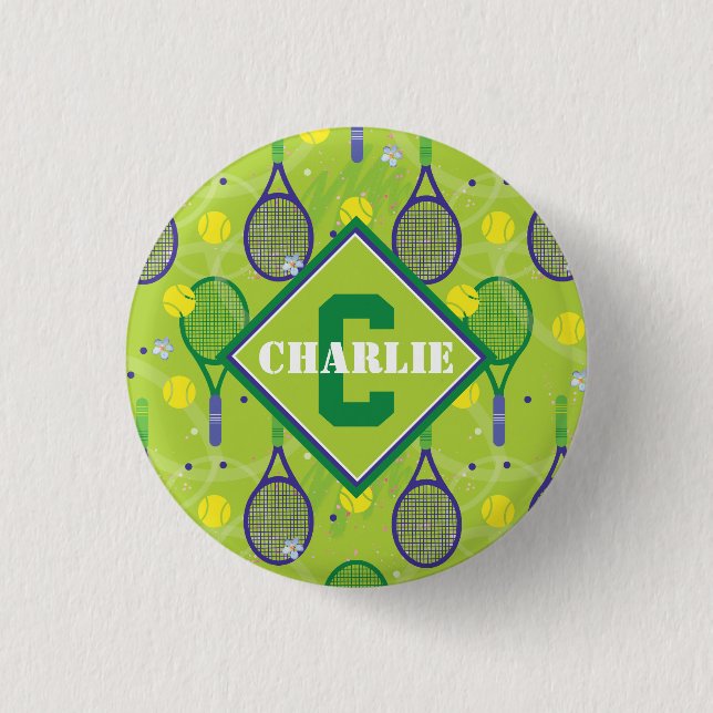 With name & initial, green & purple tennis racket  1 inch round button (Front)