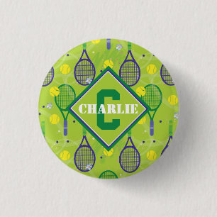 With name & initial, green & purple tennis racket 1 inch round button