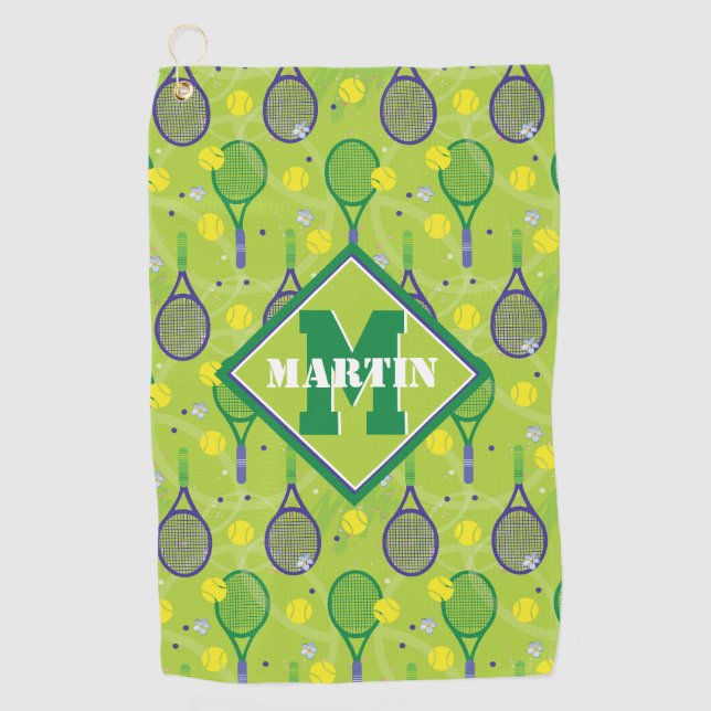 With name & initial, green & purple tennis racket  golf towel (Front)
