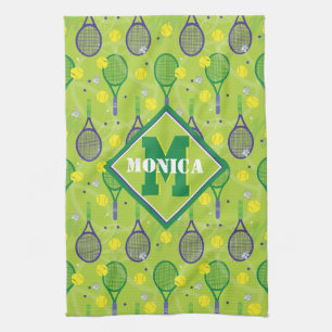 With name & initial, green & purple tennis racket  kitchen towel