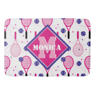 With name & initial, pink & purple tennis rackets bath mat