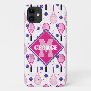 With name & initial, pink & purple tennis rackets iPhone 11 case