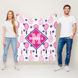 With name & initial, pink & purple tennis rackets fleece blanket