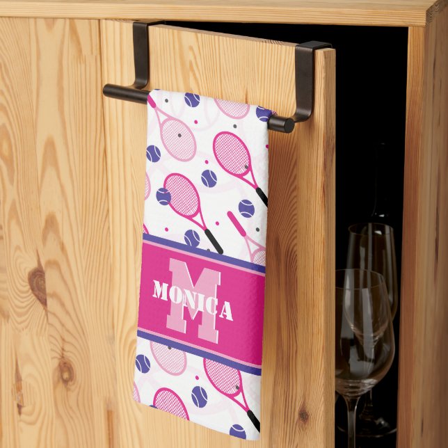With name & initial, pink & purple tennis rackets kitchen towel (Thirds Fold)