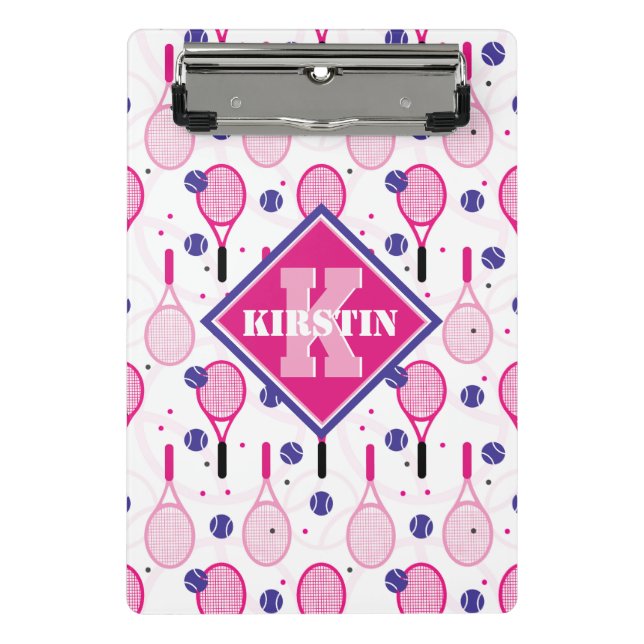 With name & initial, pink & purple tennis rackets mini clipboard (Front)