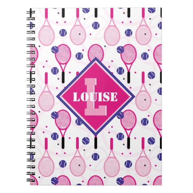 With name & initial, pink & purple tennis rackets notebook (Front)