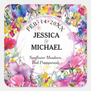 With names and date Meadow Blooms Bliss Square Sticker