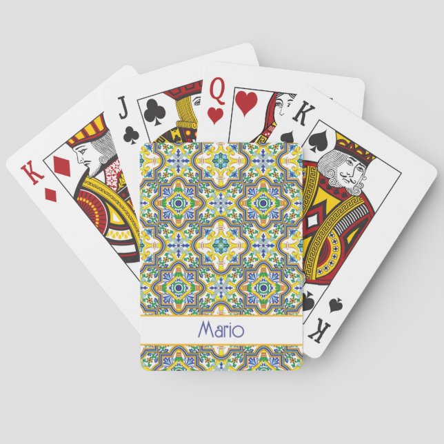 With name💛💙💚Stunning blue and yellow Azulejos Playing Cards (Back)