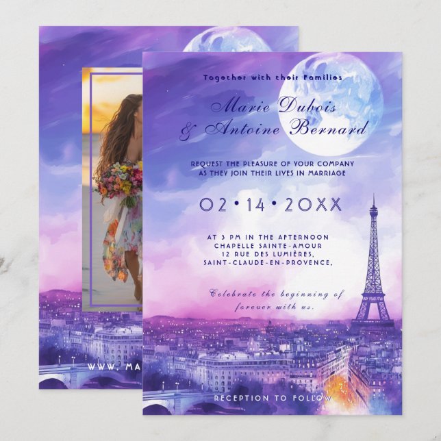 With PHOTO at back Amour Éternel à la Parisienne  Invitation (Front/Back)