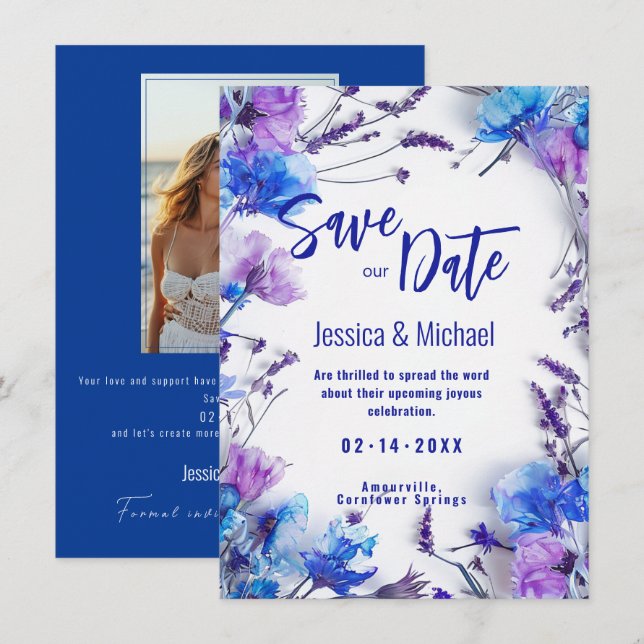 With Photo Cornflowers and Lavender Elegance Save The Date (Front/Back)