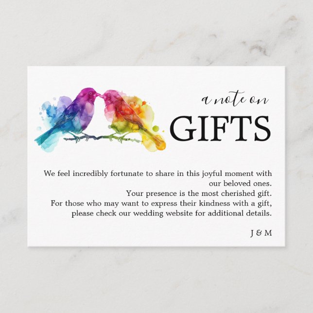 With photo LGBTQ+ note on Gifts Rainbow Lovebirds Enclosure Card (Front)