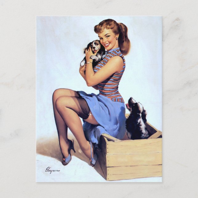 With Puppies Pin Up Postcard (Front)