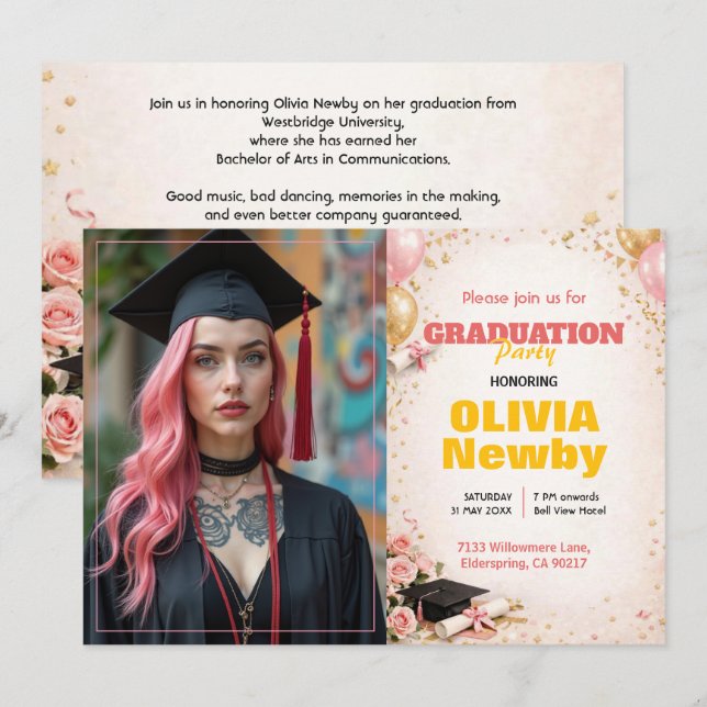 🎓With QR code Horizontal Pink & Gold Floral Invitation (Front/Back)