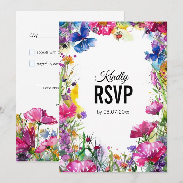 💍 With  QR Code Meadow Blooms RSVP card (Front/Back)