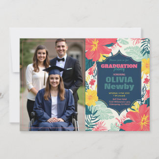 🎓With QR code Tropical Bloom Photo Invitation