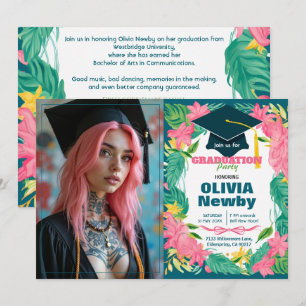 🎓With QR code Tropical Bloom Single‑Photo Invitation