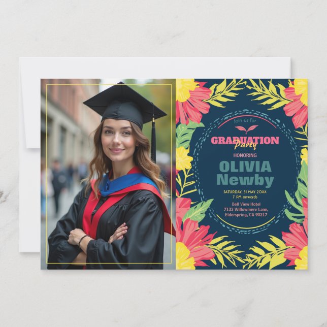 🎓With QR code Tropical Grad Bloom Invitation (Front)