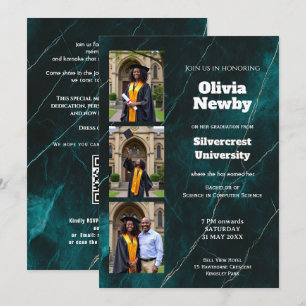 🎓With QR Turquoise Luxe Marble Graduation Party Invitation