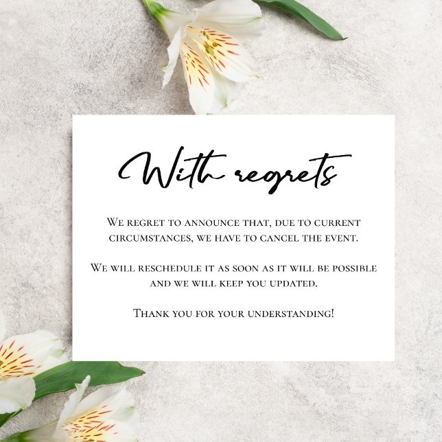 With regrets black and white cancel announcement postcard (Creator Uploaded)