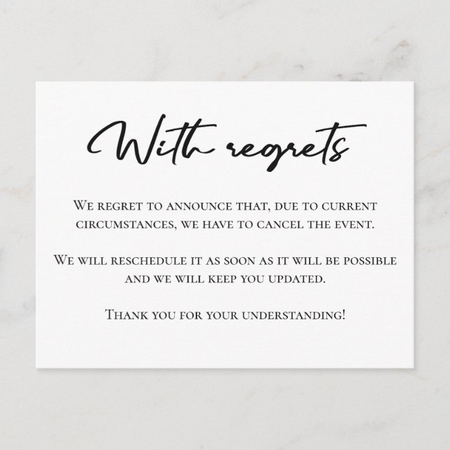 With regrets black and white cancel announcement postcard (Front)