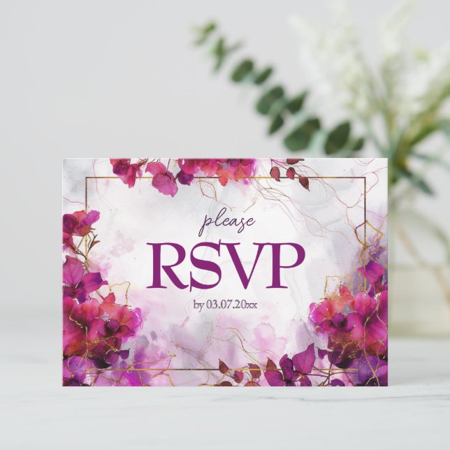 With song request Fuchsia Enchantment: Watercolor  RSVP Card (Standing Front)