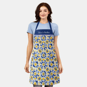 With text 💛💙 Blue and yellow, floral Azulejos  Apron