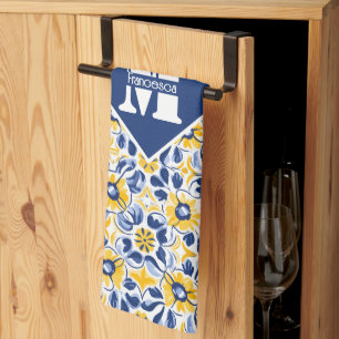 With text & initial 💛💙 Blue and yellow, floral  Kitchen Towel