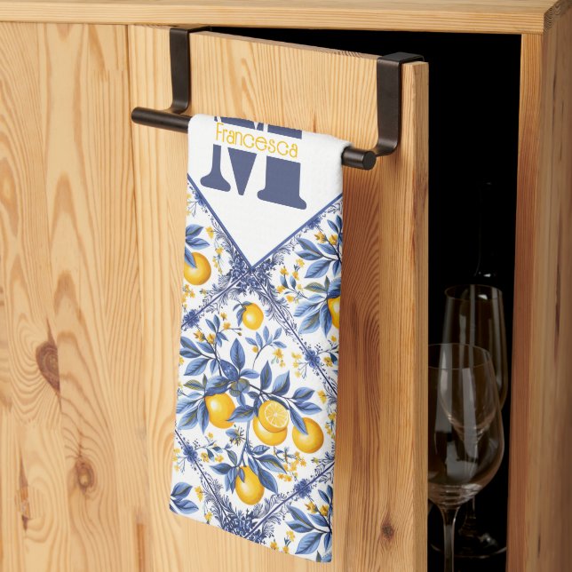 With text & initial 🍋 Lemon Azulejo with blue Kitchen Towel (Thirds Fold)