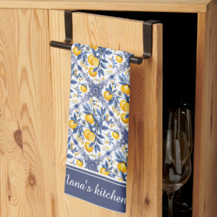 With text 🍋 Lemon Azulejo with blue elements Kitchen Towel
