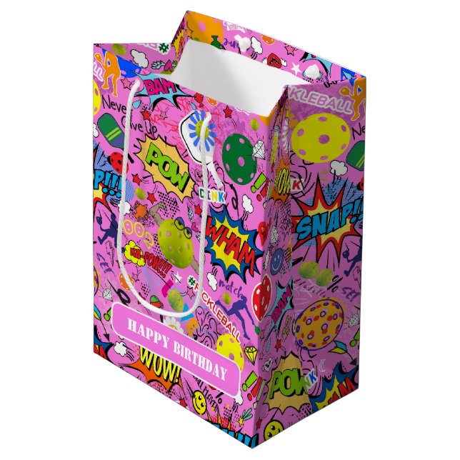 With text 😍 mixed pickleball pink  medium gift bag (Front Angled)