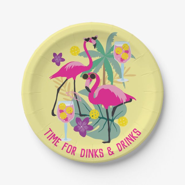 With text Summer Pickleball 🤩Tropical party  Paper Plate (Front)