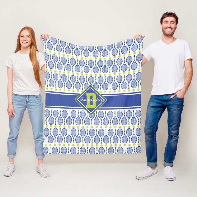 With text🎾blue, green, white tennis🎾 pattern fleece blanket (In Situ)